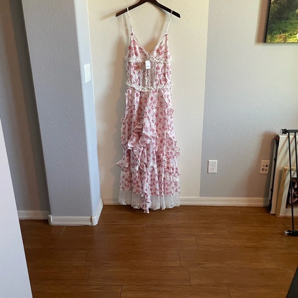 Free People Hearts Desire Bodysuit Ruffles Lace Embroidered Maxi Dress
